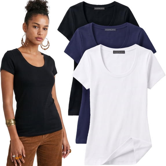 Emmalise Women's Short Sleeve Tshirt Scoop Neck Tee Value Set (3Pk, Blk, White, Navy, Large)