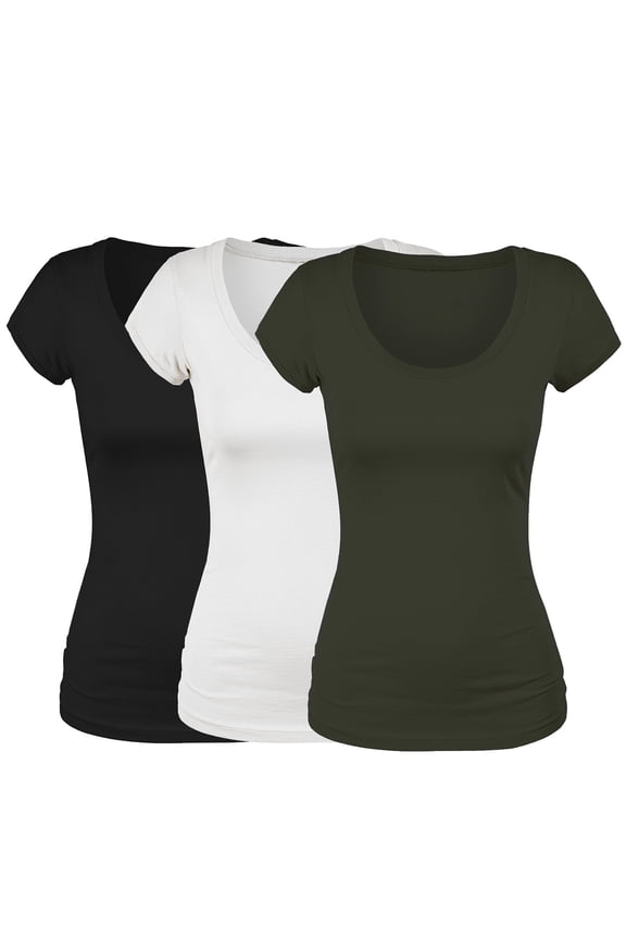 Women's Short Sleeve Tshirt Scoop Neck Tee Value Set (3Pk, Blk, White, Olive, XX-Large)