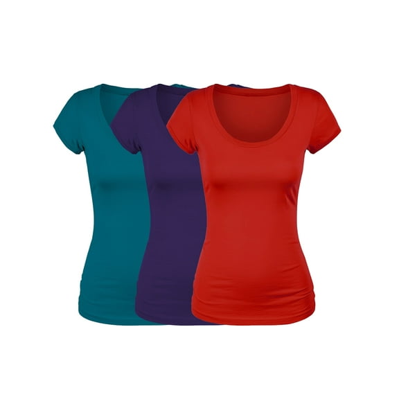 Emmalise Women's Short Sleeve Tshirt Scoop Neck Tee Value Set (3Pk, Deep Jungle, Purple, Red, Medium)