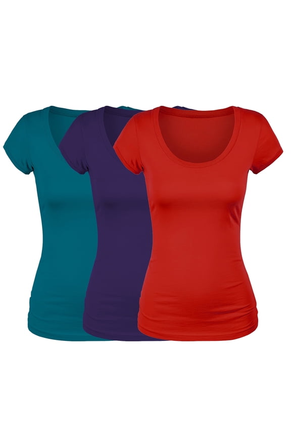 Emmalise Women's Short Sleeve Tshirt Scoop Neck Tee Value Set (3Pk, Deep Jungle, Purple, Red, Medium)