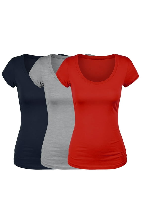 Emmalise Women's Short Sleeve Tshirt Scoop Neck Tee Value Set (3Pk, Navy, HthGray, Red, Large)