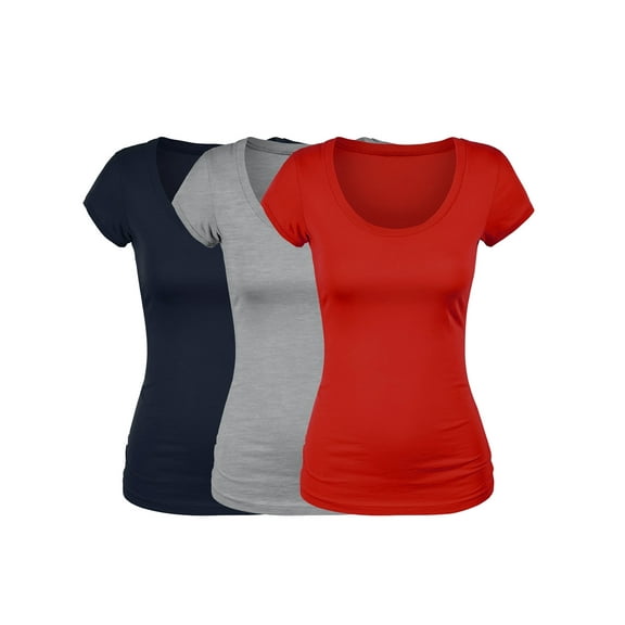 Emmalise Women's Short Sleeve Tshirt Scoop Neck Tee Value Set (3Pk, Navy, HthGray, Red, Medium)