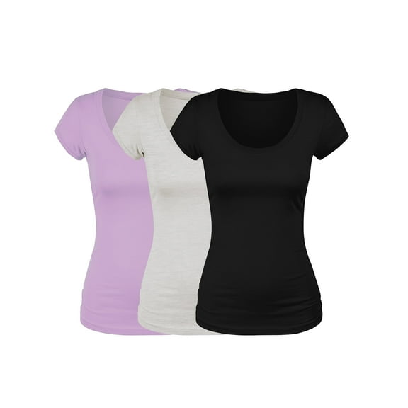 Emmalise Women's Short Sleeve Tshirt Scoop Neck Tee Value Set (3Pk, Orchid, Oat, Blk, Large)