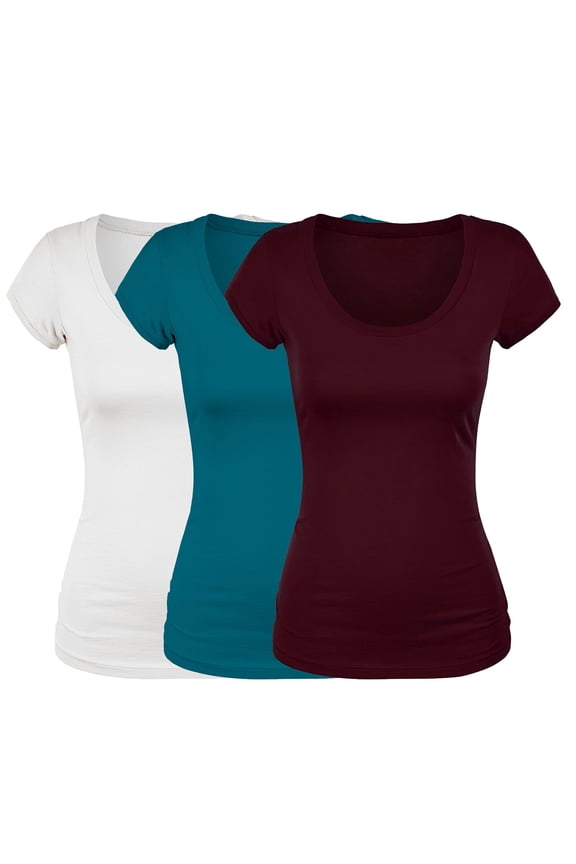 Emmalise Women's Short Sleeve Tshirt Scoop Neck Tee Value Set (3Pk, Wht, Burgundy, Deep Jungle, Large)