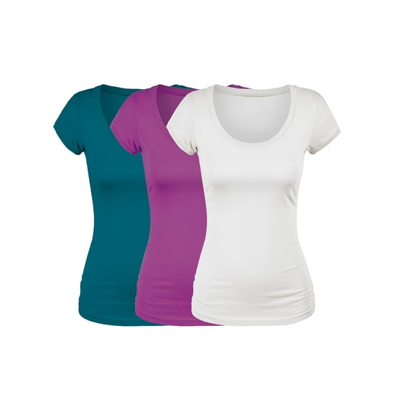 Emmalise Women's Short Sleeve Tshirt Scoop Neck Tee Value Set (3Pk, Wht, Deep Jungle, Magenta, Large)