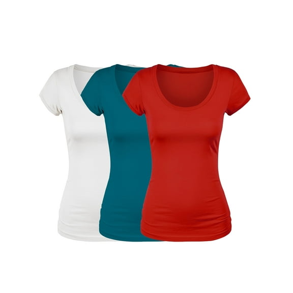 Emmalise Women's Short Sleeve Tshirt Scoop Neck Tee Value Set (3Pk, Wht, Deep Jungle, Red, Large)