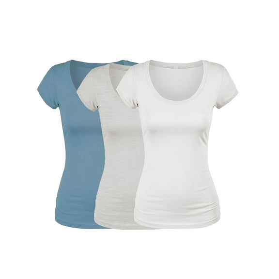 Emmalise Women's Short Sleeve Tshirt Scoop Neck Tee Value Set (3Pk, Wht, DustyBlue, Oat, Small)
