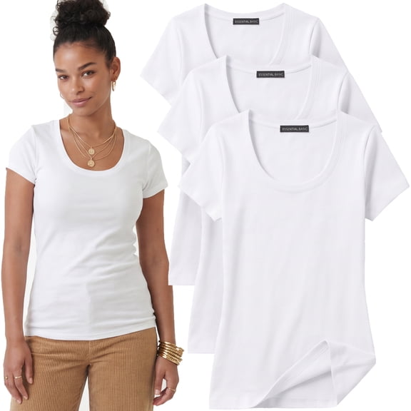 Essential Basic Scoop Neck Short Sleeve Tee Women Basic Tshirt - 3 Pk Value Deal, Junior to Plus Sizes
