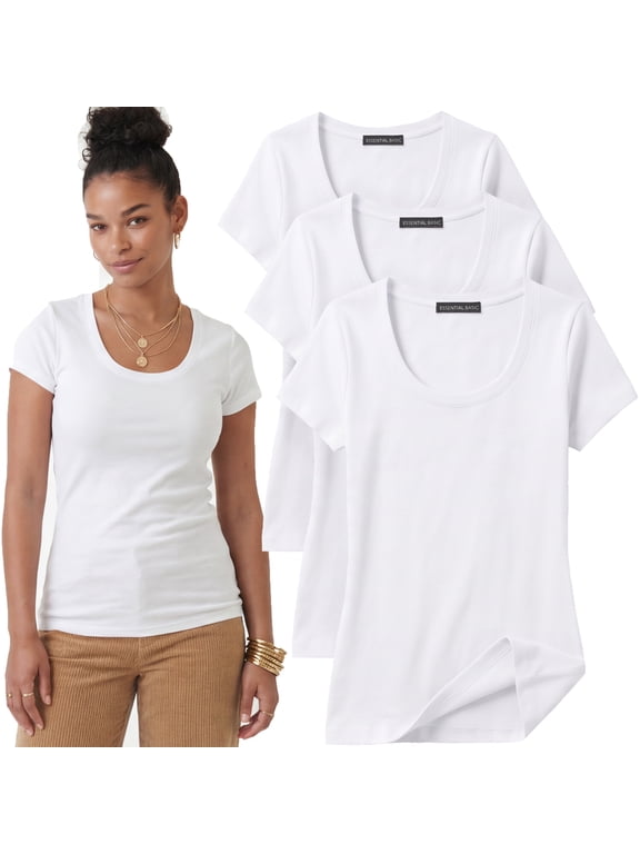 Scoop Neck Short Sleeve Tee Women Basic Tshirt - 3 Pk Value Deal, Junior to Plus Sizes