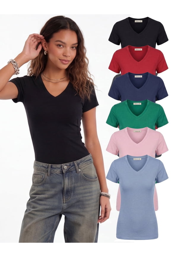Women’s Short Sleeve V-Neck Fitted Top Assorted Surprise 6 Pack-L
