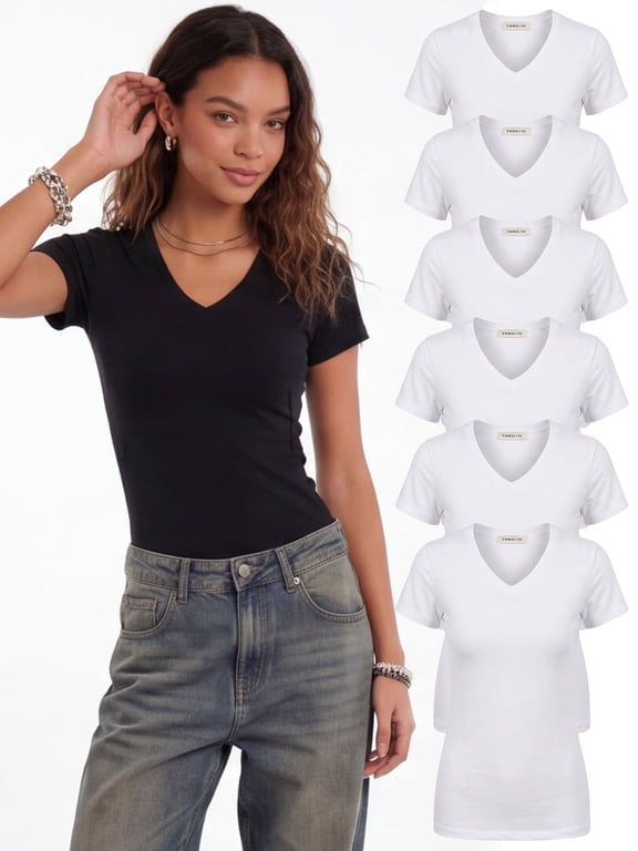 Women’s Short Sleeve V-Neck Fitted Top Crisp Pure White 6 Pack-M