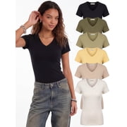 Emmalise Women s Short Sleeve V-Neck Fitted Top Earthy Olive & Khaki Blend-S