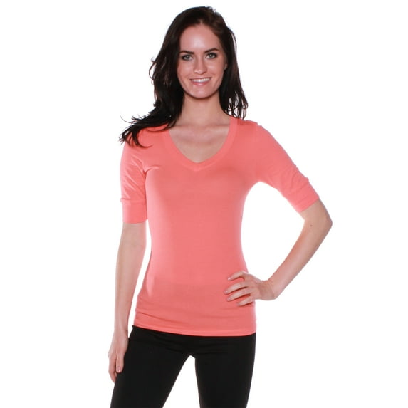 Emmalise Women's Slim Athletic Fit Neck Tshirt Half Sleeves Top (Coral, 2XL)