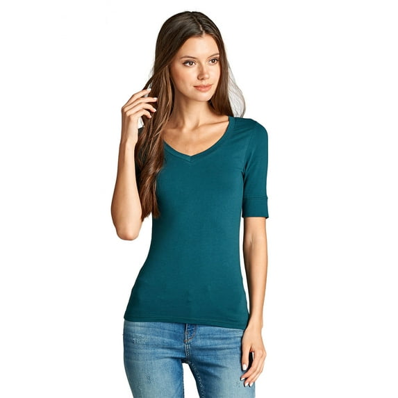 Emmalise Women's Slim Athletic Fit Neck Tshirt Half Sleeves Top (Green Teal, Large)