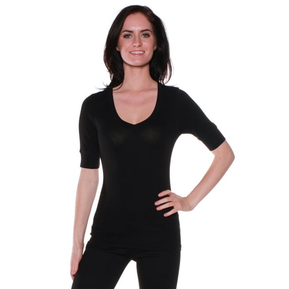 Emmalise Women's Slim Athletic Fit Vneck Tshirt Half Sleeves Top Jr Size (Black, Small)