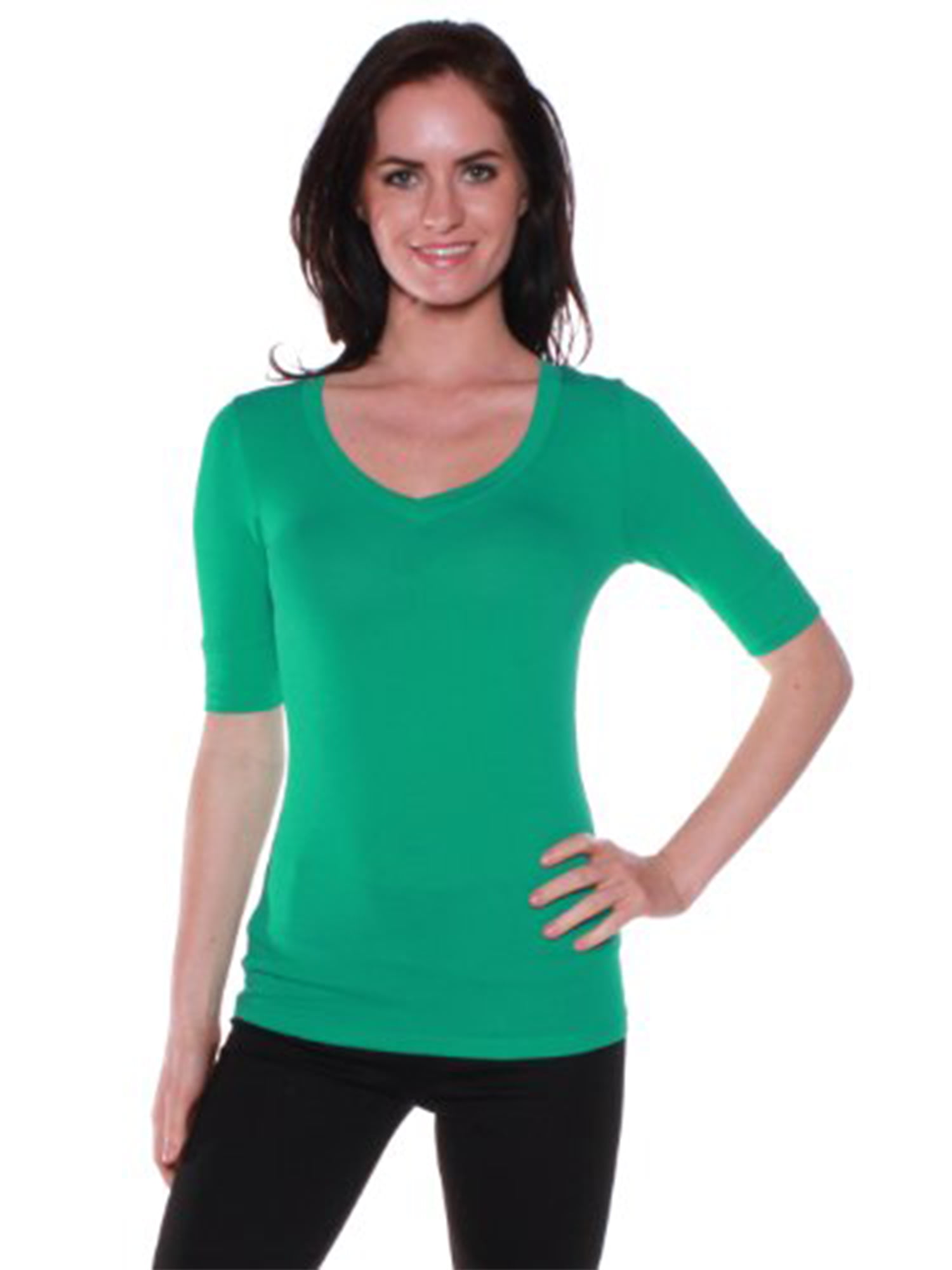 Emmalise Women's Slim Athletic Fit Vneck Tshirt Half Sleeves Top (Olive,  Small) 