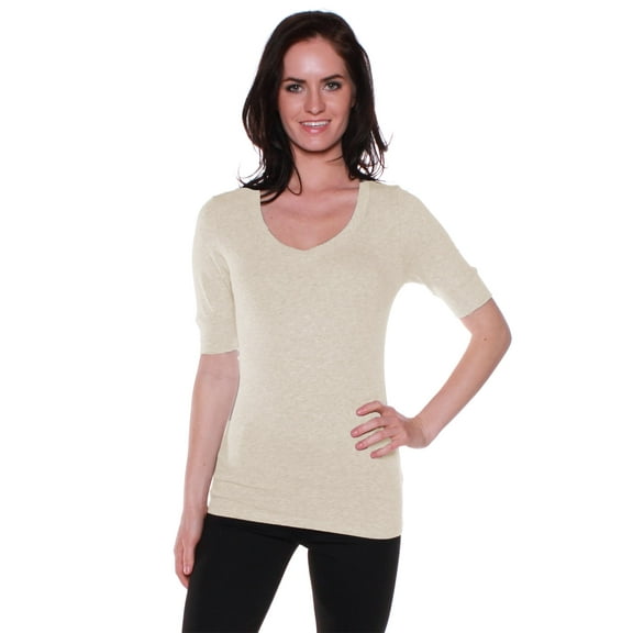 Emmalise Women's Slim Athletic Fit Vneck Tshirt Half Sleeves Top Jr Size (H Oat, Small)