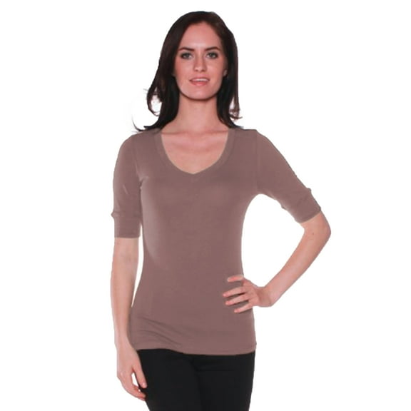 Emmalise Women's Slim Athletic Fit Vneck Tshirt Half Sleeves Top Jr Size (Mocha, Medium)