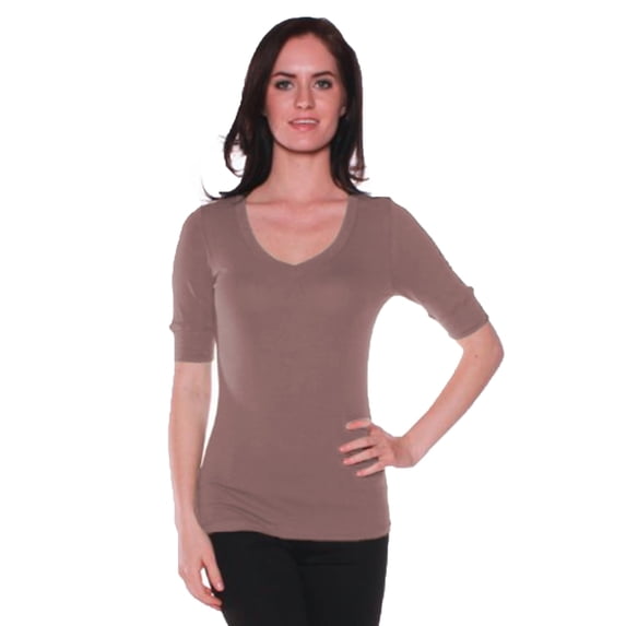 Emmalise Women's Slim Athletic Fit Vneck Tshirt Half Sleeves Top Jr Size (Mocha, Small)