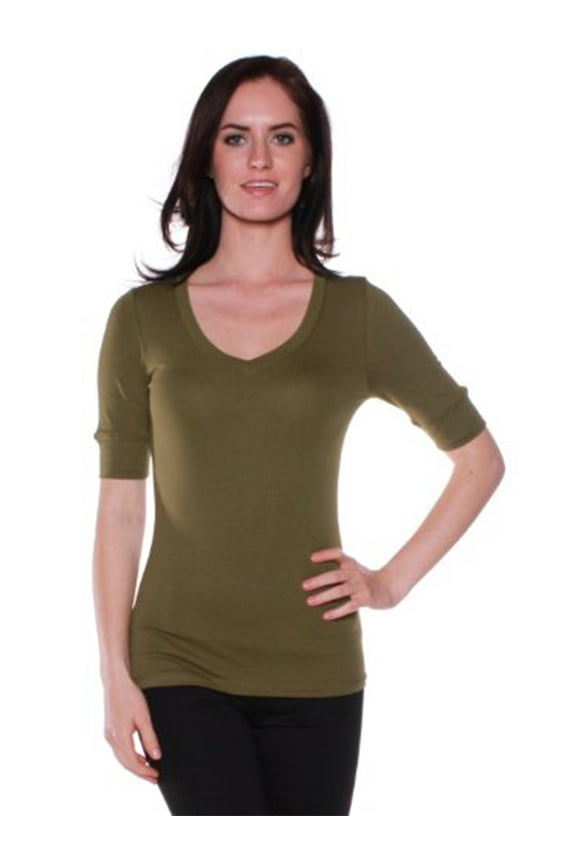 Women's Slim Athletic Fit Vneck Tshirt Half Sleeves Top Jr Size (Olive, Small)