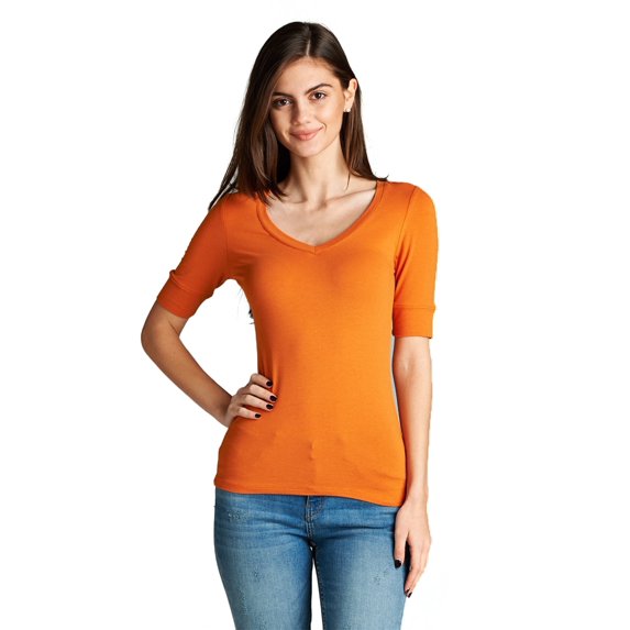 Emmalise Women's Slim Athletic Fit Vneck Tshirt Half Sleeves Top Jr Size (Spicy Orange, Small)