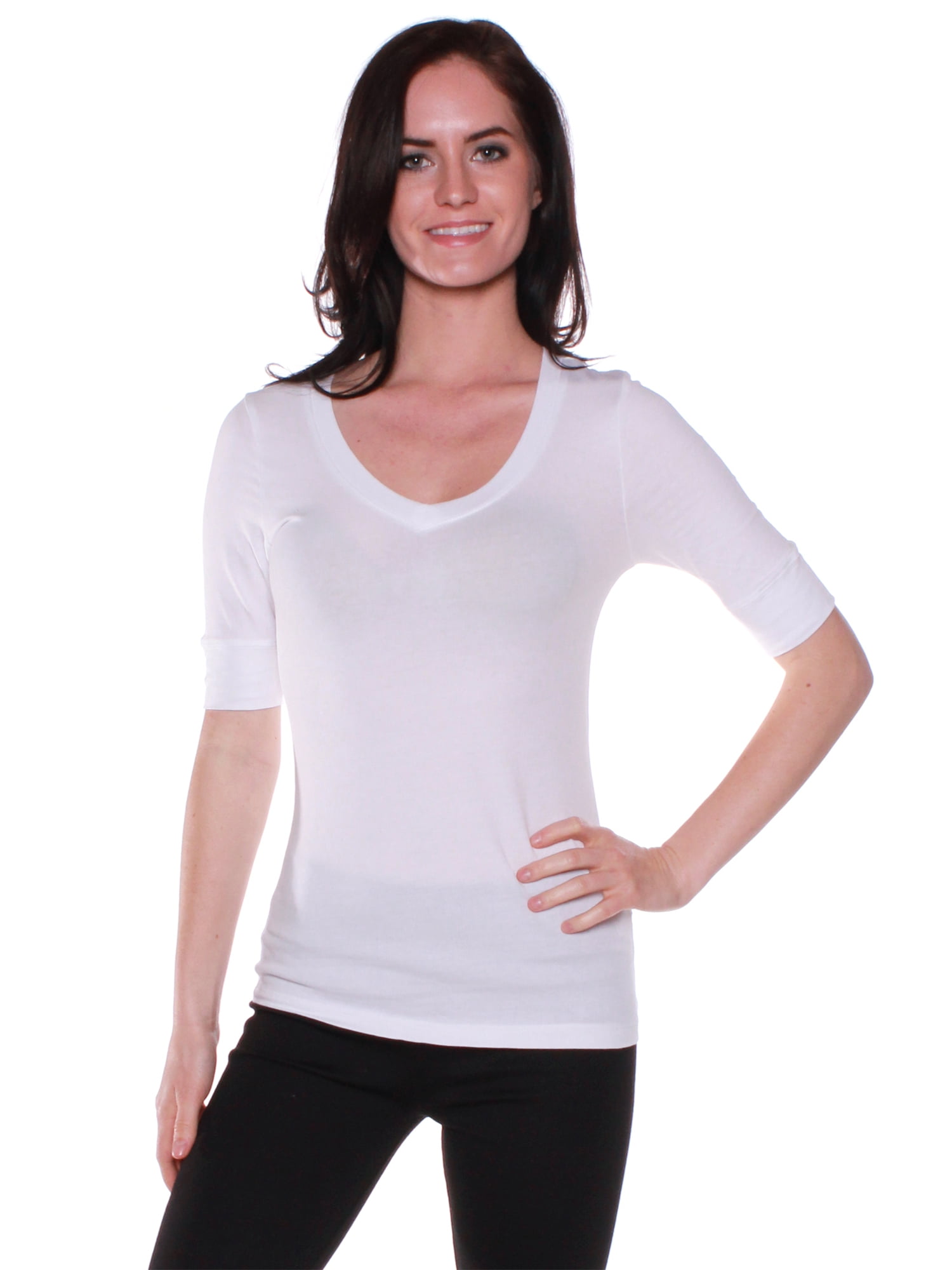 Emmalise Women's Slim Athletic Fit Vneck Tshirt Half Sleeves Top (White,  Large) 