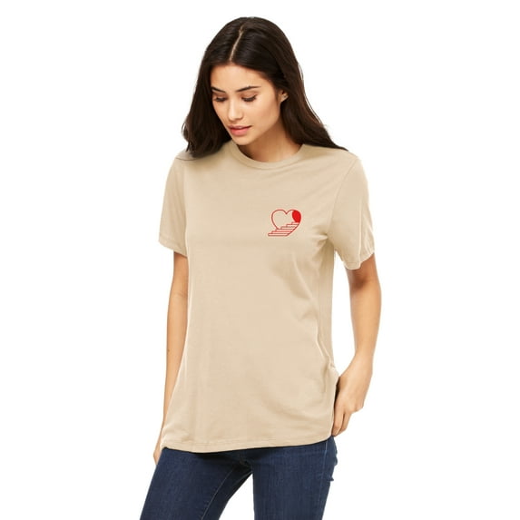 Emmalise Women's Stairway to the Heart Design Round Neck Short Sleeve Tru-Fit Tee Shirt, Khaki Red, XS