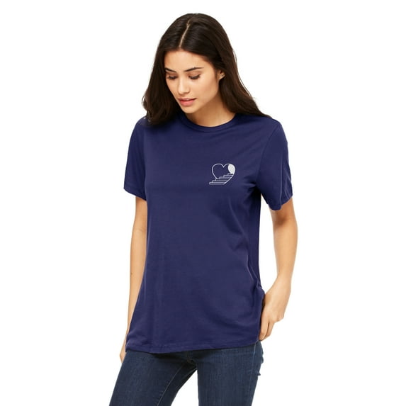 Emmalise Women's Stairway to the Heart Design Round Neck Short Sleeve Tru-Fit Tee Shirt, Navy White, S