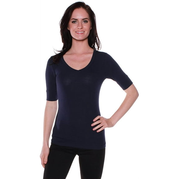 Emmalise Women's Slim Athletic Fit Vneck Tshirt Half Sleeves Top Jr Size (Navy, Large)