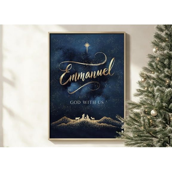 Emmanuel God With Us Kristmas Wall Art, Christian Gold Nativity Scene On Midnight Blue Hand Lettering Print Print Warm Present Vintage UNFRAMED Poster Size 8x12