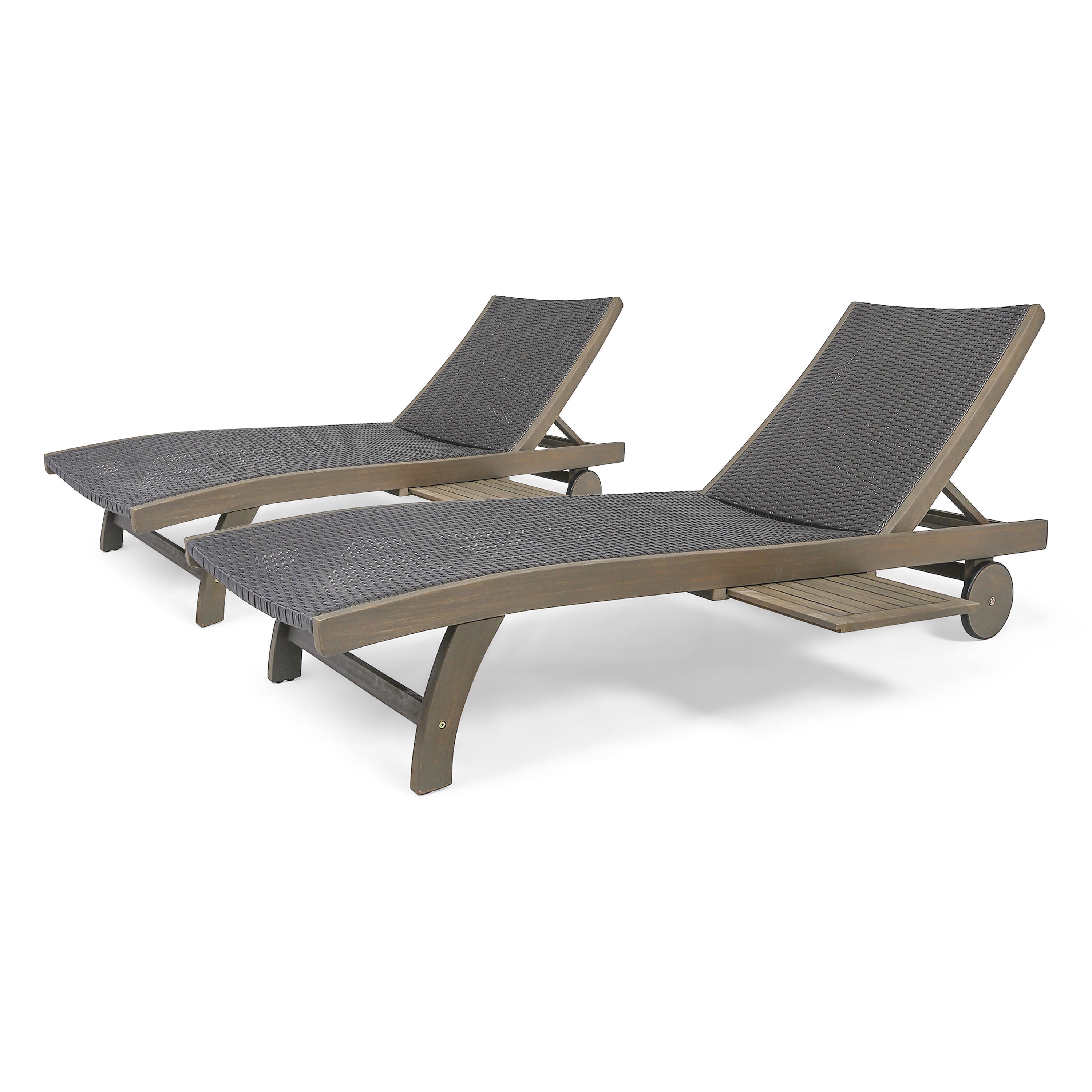 Gray Wicker and Acacia Wood Chaise Lounge Set with Pull-Out Tray