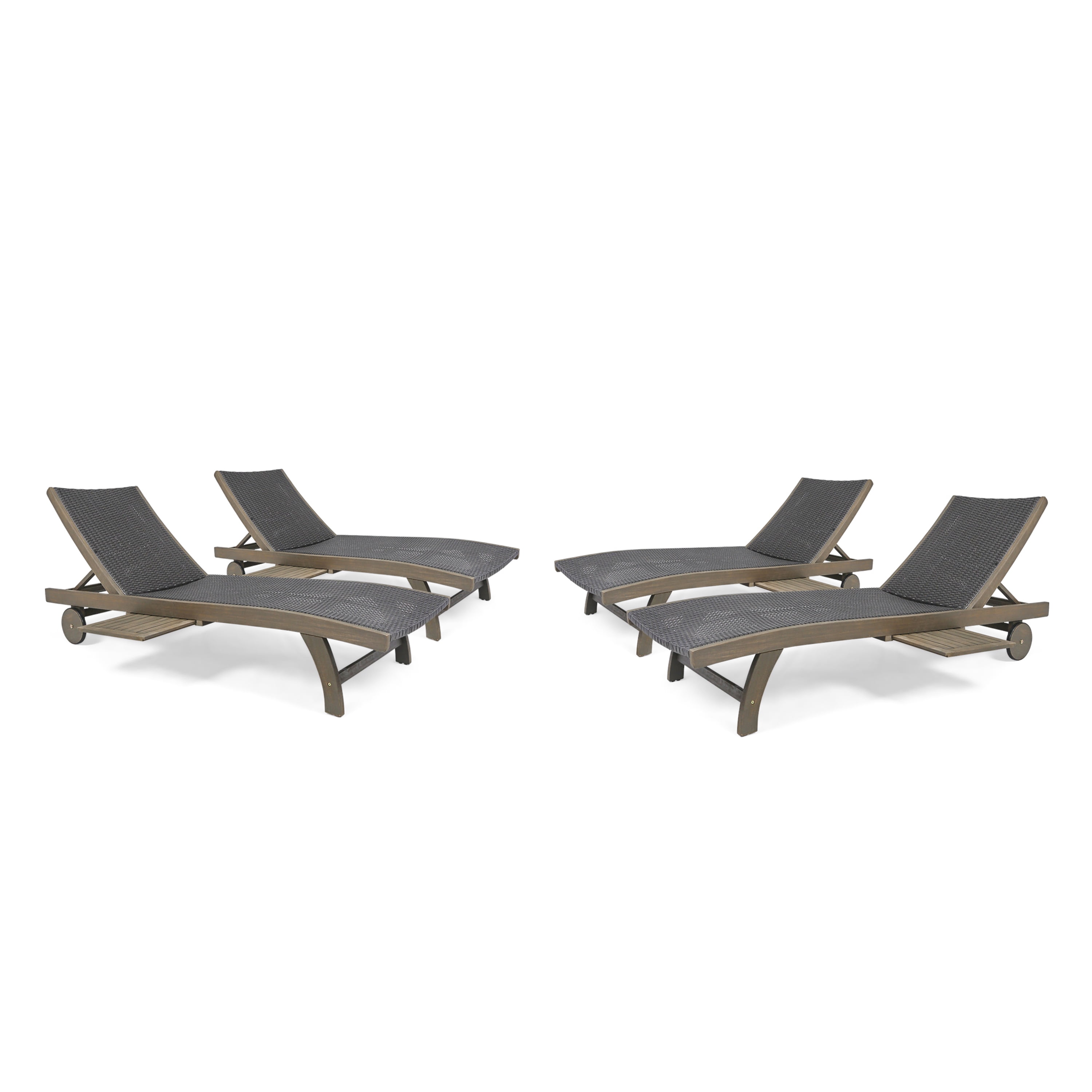 Gray Wicker and Acacia Wood Chaise Lounge Set with Pull-Out Tray