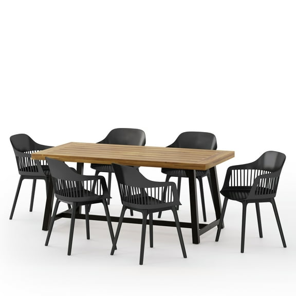 Emmanuel Wood and Resin Outdoor 7 Piece Dining Set, Black and Sandblasted Teak