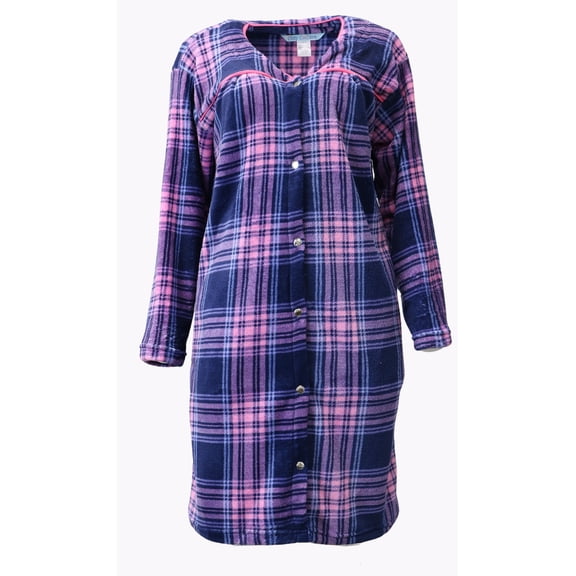 Emme Jordan 3/4 Sleeve Fleece Snap - Front Women's Duster - Navy and Pink Plaid - Size Large