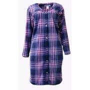 Emme Jordan 3/4 Sleeve Fleece Snap - Front Women's Duster - Navy and Pink Plaid - Size Small