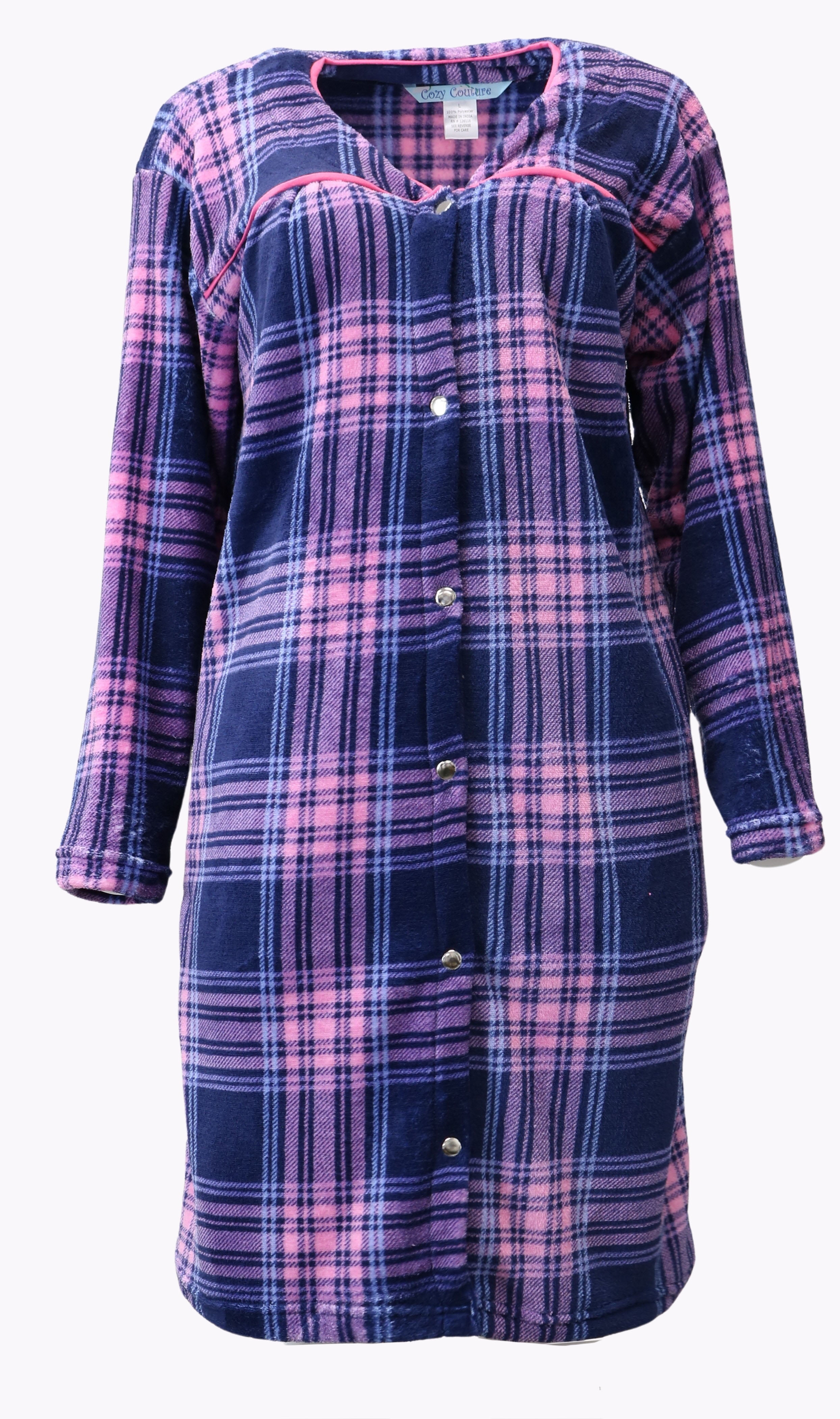 Emme Jordan 3/4 Sleeve Fleece Snap -Front Women's Duster - Navy and Pink Plaid - Size X-Large