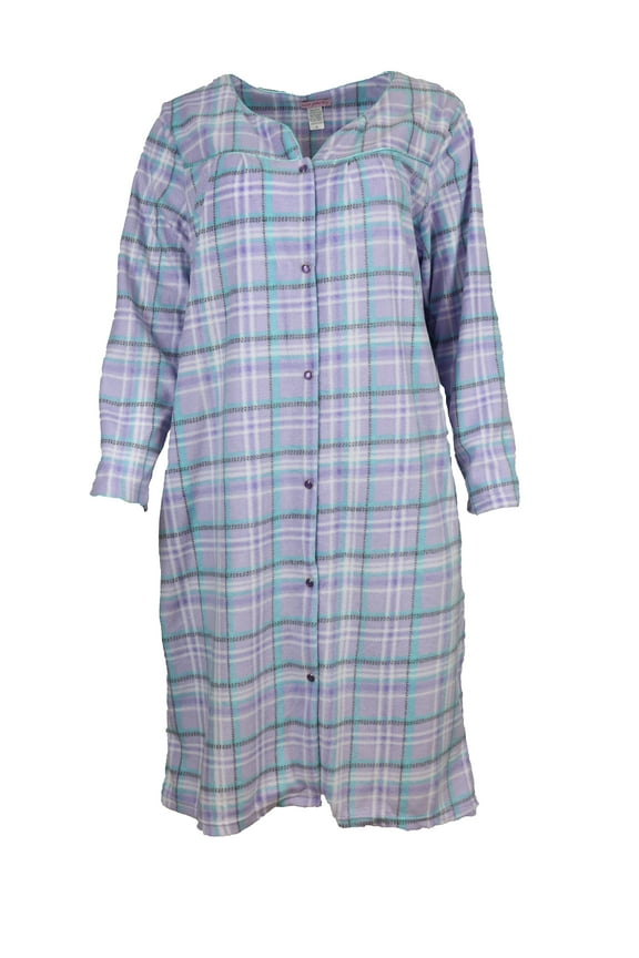 3/4 Sleeve Fleece Snap-Front Women's Duster-Purple Plaid-Size Medium