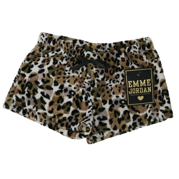Emme Jordan Junior's Fuzzy Plush Pajama Shorts - Classic White Cheetah - Large