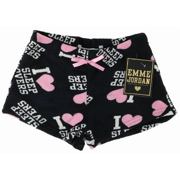 Emme Jordan Junior's Fuzzy Plush Pajama Shorts - I Love Sleep Overs Black - Medium