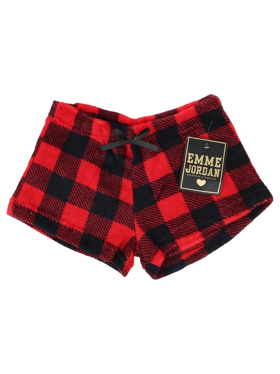 Junior's Fuzzy Plush Pajama Shorts - Red & Black Buffalo Plaid - Large
