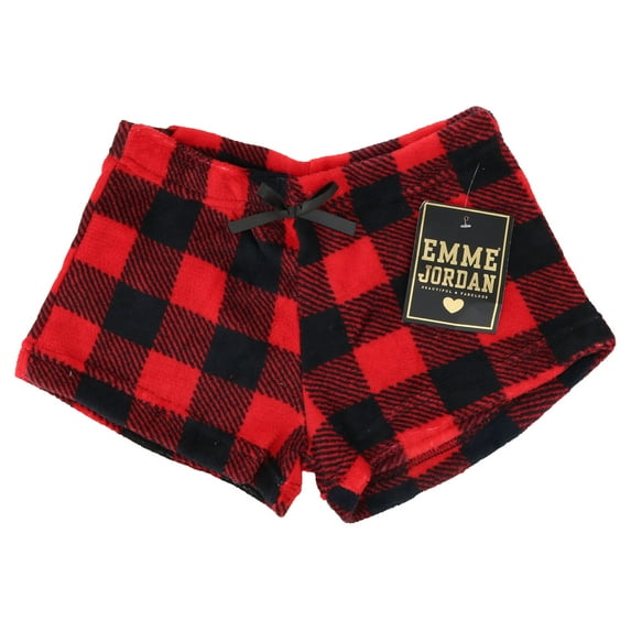 Emme Jordan Junior's Fuzzy Plush Pajama Shorts - Red & Black Buffalo Plaid - X-Large