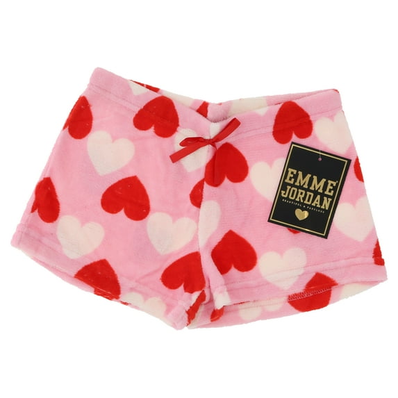Emme Jordan Junior's Fuzzy Plush Pajama Shorts - Red & Pink Hearts - Medium