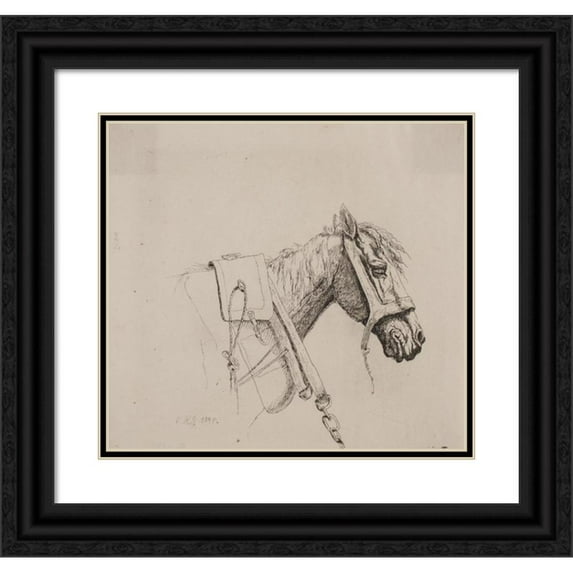 Emmerik Høegh-Guldberg 22x20 Black Ornate Framed Double Matted Museum Art Print Titled: A Horse Head (1848 - 1849)