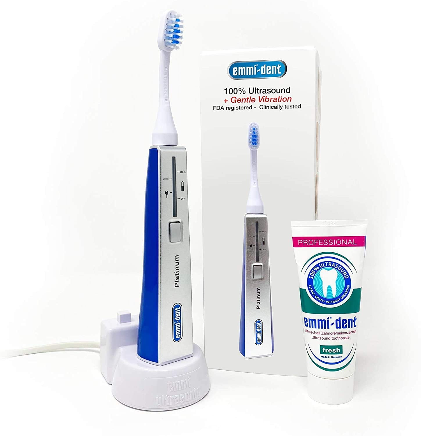 Emmi-dent Electric Toothbrush Set for Adults with Patented, Gentle 100% Ultrasound Technology. Ideal for most Sensitive Teeth & Gums, Plaque Removal and More! Rechargeable. Metallic Blue/Silver