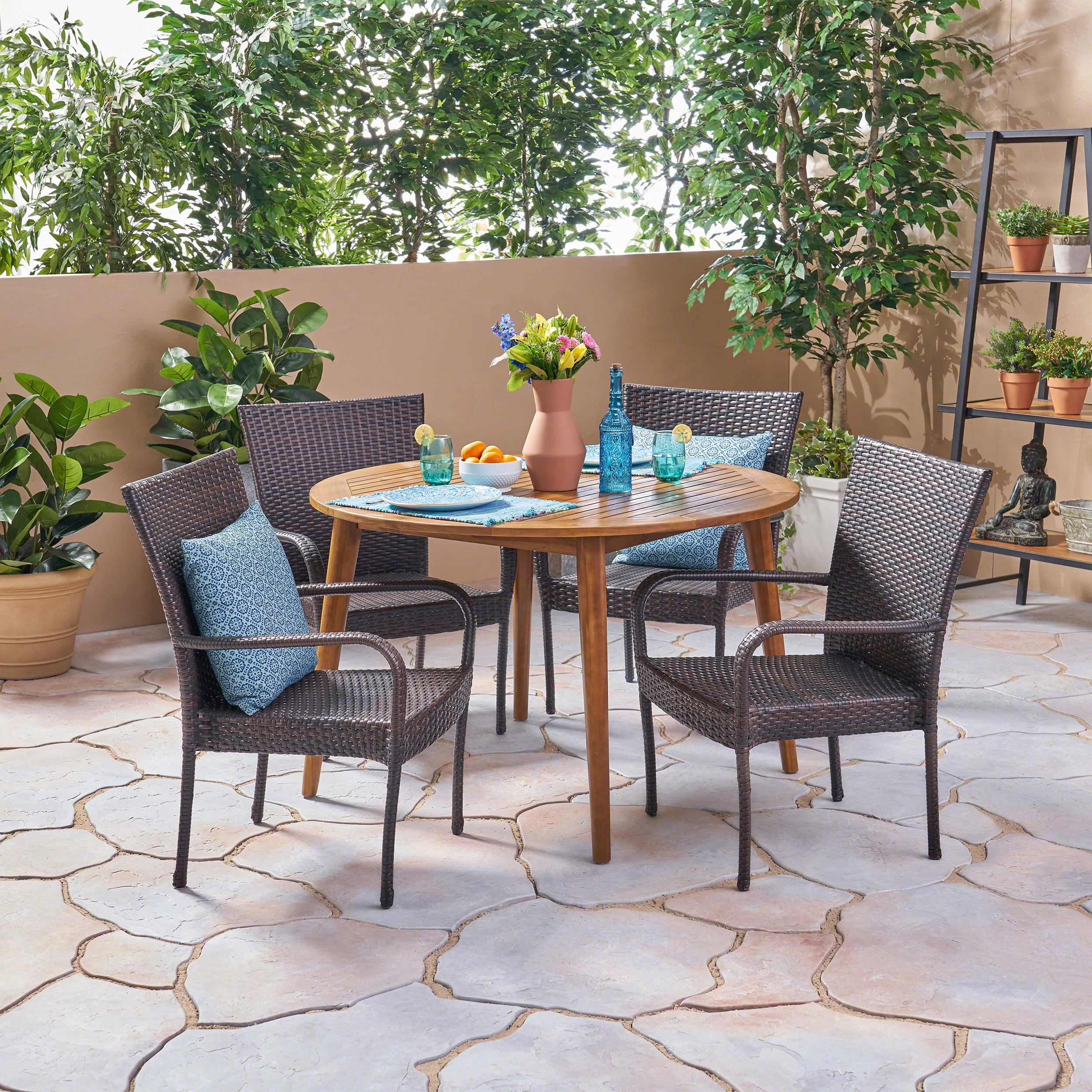 Emmitt Outdoor 5 Piece Acacia Wood and Wicker Dining Set, Teak, Multi Brown