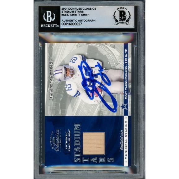 Emmitt Smith Autographed 2001 Donruss Classics Stadium Stars Card #SS17 Dallas Cowboys Auto Grade Gem Mint 10 With Stadium Seat Relic Beckett BAS #16898027