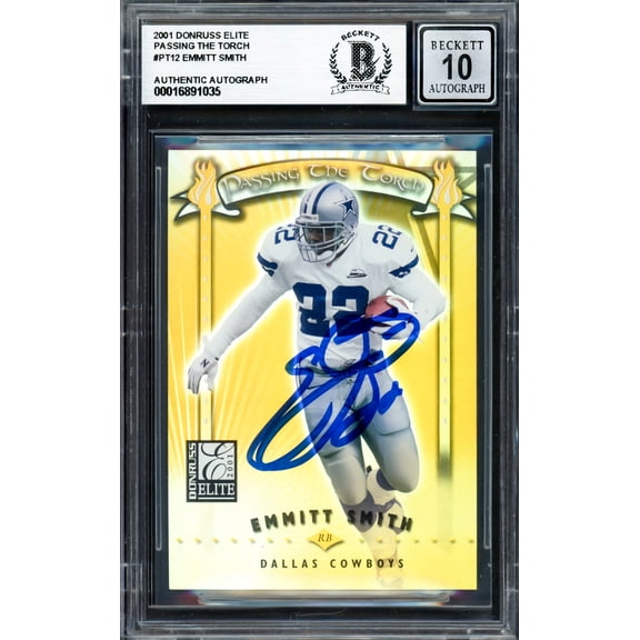 Emmitt Smith Autographed 2001 Donruss Elite Passing the Torch Card #PT12 Dallas Cowboys Auto Grade Gem Mint 10 #0691/1000 Beckett BAS #16891035