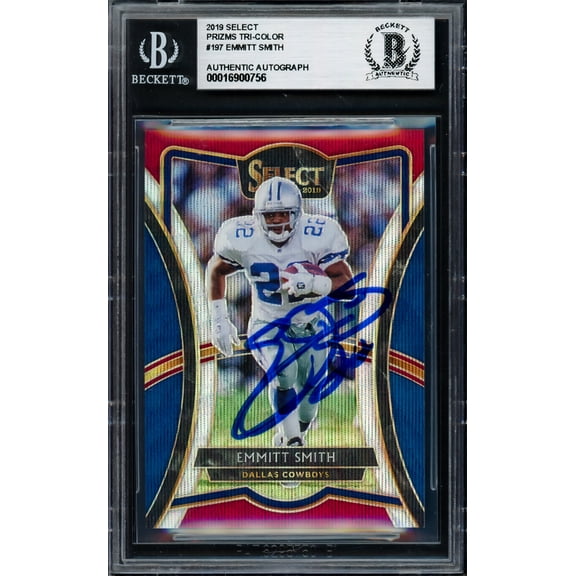 Emmitt Smith Autographed 2019 Select Prizms Tri-Color Card #197 Dallas Cowboys #166/199 Beckett BAS #16900756