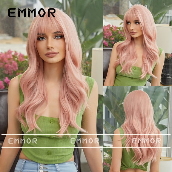 Emmor Internet Celebrity Grapefruit Pink Girl Group Hair Color Wig Female Bangs Long Curly Hair Natural Heat Resistant Full Head Wig