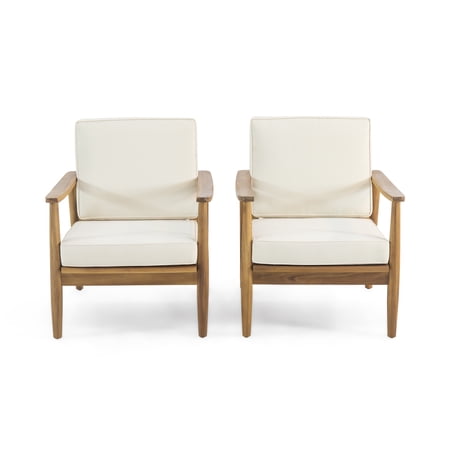 Emmry Outdoor Acacia Wood Club Chair, Set of 2, Teak and Beige